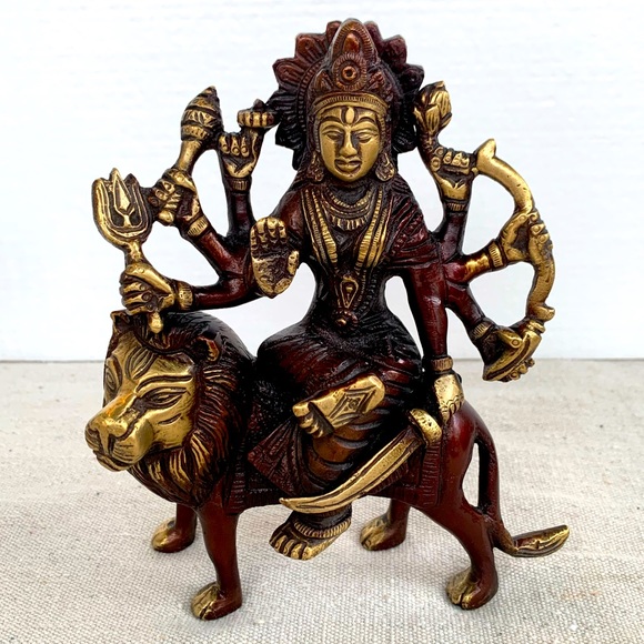 Durga & Lion Brass Statue Figurine with Antique Bronze Gold Finish - Picture 1 of 12